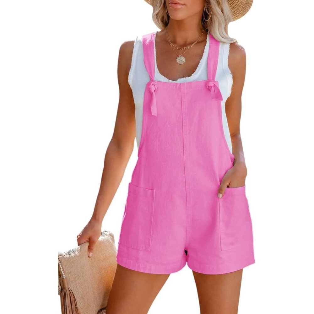 Women Pink Casual Sleeveless Rompers Loose Spaghetti Strap Denim Shorts Jumpsuit